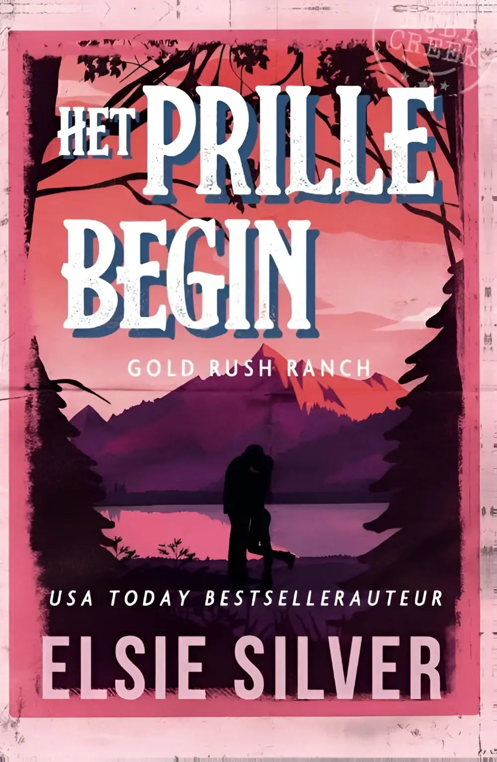 Boekcover van het prille begin door elsie silver met witte letters tegen een roze paarse zonsondergang en silhouetten