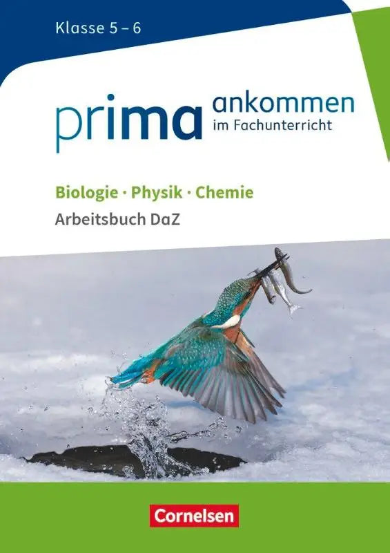 De cover van prima ankommen biologie fysica chemie werkboek voor klas 5 6 met blauwe en groene ijsvogel tegen sneeuwachtergrond binnen dezelfde reeks