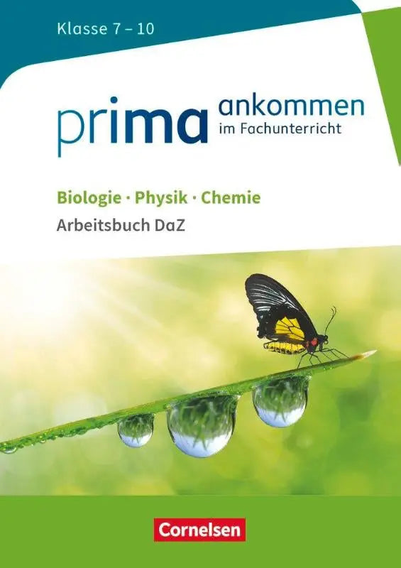 De cover van de prima ankommen werkboek binnen dezelfde reeks toont een gele en zwarte vlinder op een dauwblad voor biologie, fysica, chemie klasse 7-10