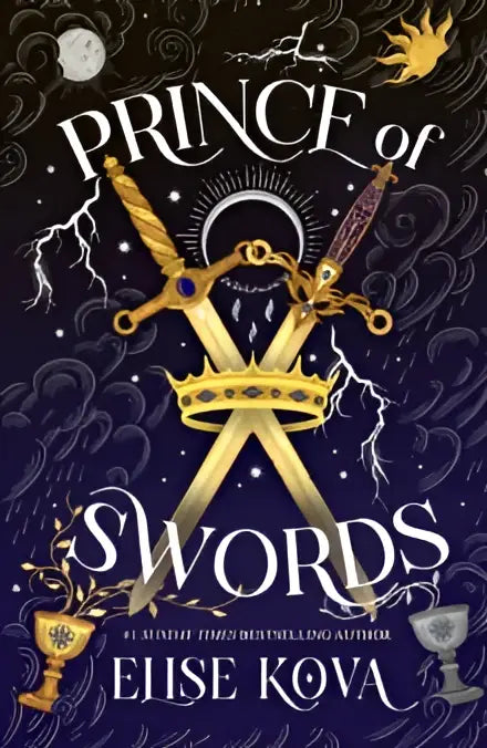 De meest opvallende cover van het boek prince of swords door elise kova toont een gouden kroon en gekruiste zwaarden