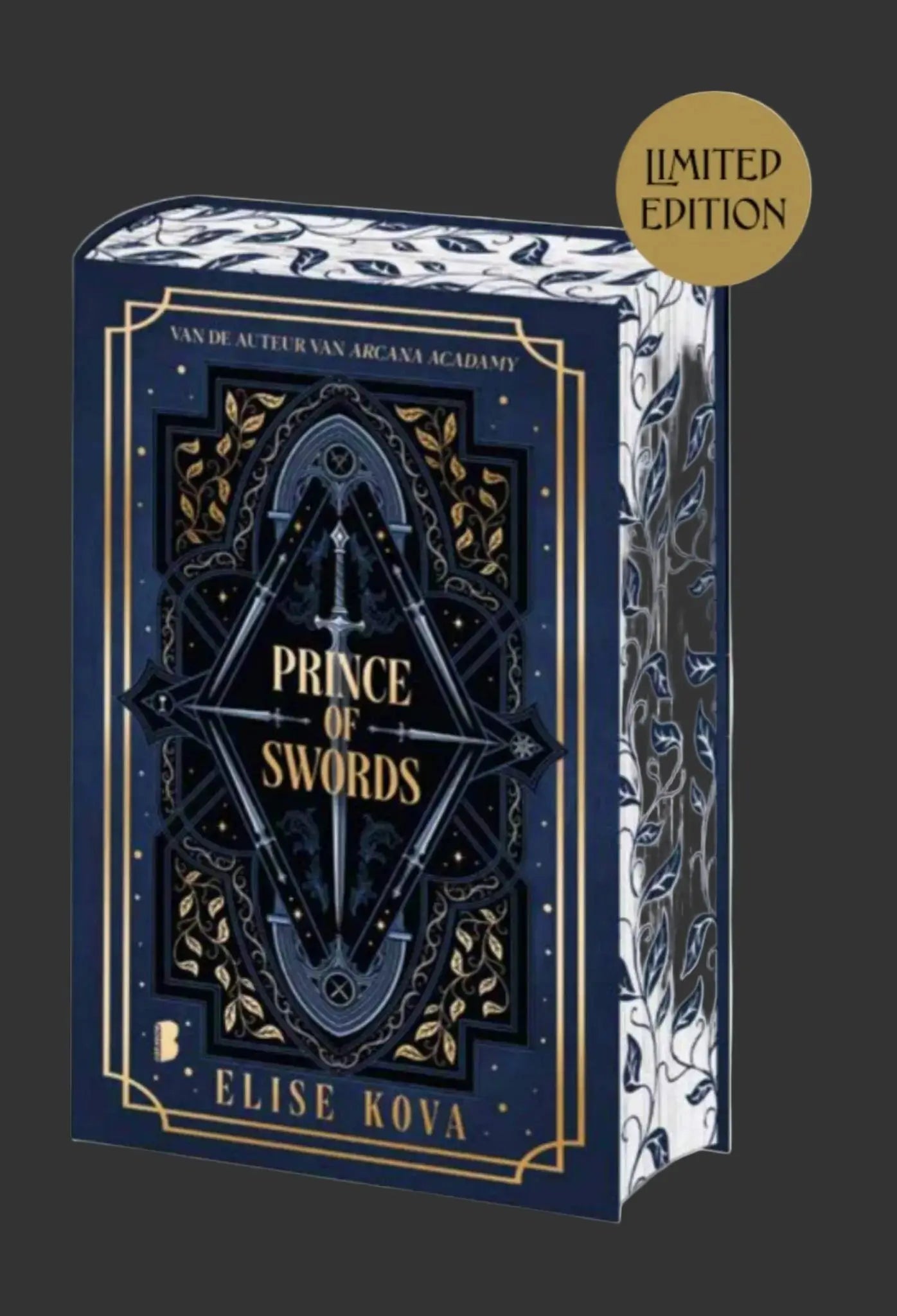 Deep blue hardcover limited edition book prince of swords by elise kova featuring gold title and silver sword design