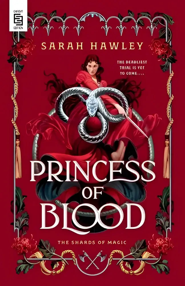 Rood boekcover van Princess of Blood met vrouw in vloeiende rode jurk en zilveren slangen om haar heen