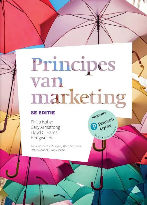 De boekcover van Principes van marketing door Philip Kotler met kleurrijke paraplu’s en Pearson MyLab-logo