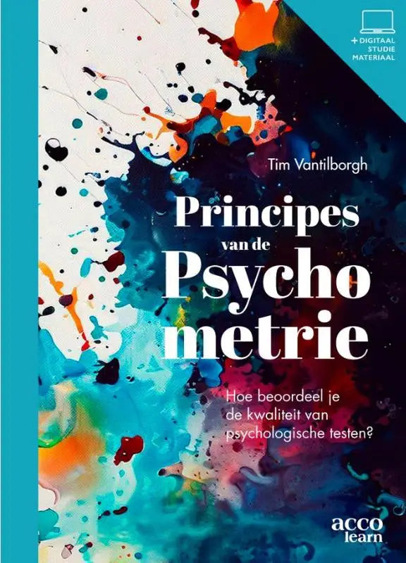 Boekcover van principes van de psychometrie met kleurrijke abstracte verfspatten voor psychologische testen