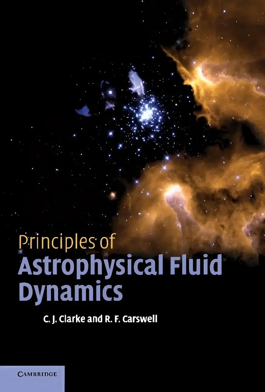 De cover van het boek principles of astrophysical fluid dynamics door c toont een blauw omslag gericht op astrophysical fluid dynamics