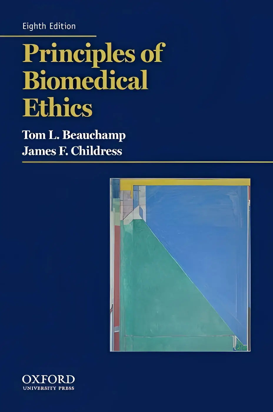 Afbeelding van de achterzijde van de achtste editie van principles of biomedical ethics door tom l die biomedical ethics biedt
