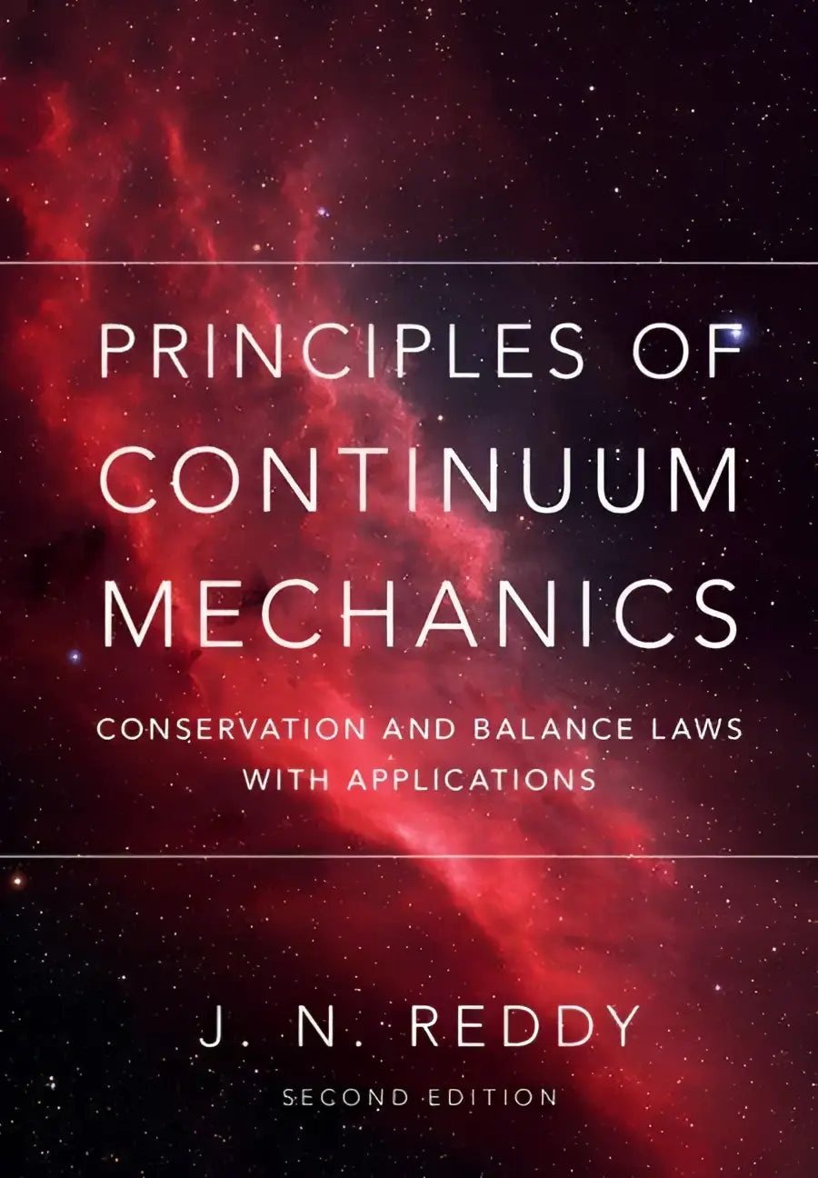 De boekomslag toont principles of continuum mechanics in witte letters op een rode kosmische achtergrond met focus op balance laws