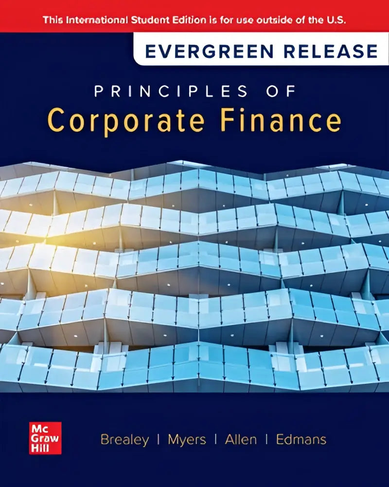 Donkerblauwe hardcover editie van principles of corporate finance brealey myers allen en edmans 2025 release ise voor financial theory