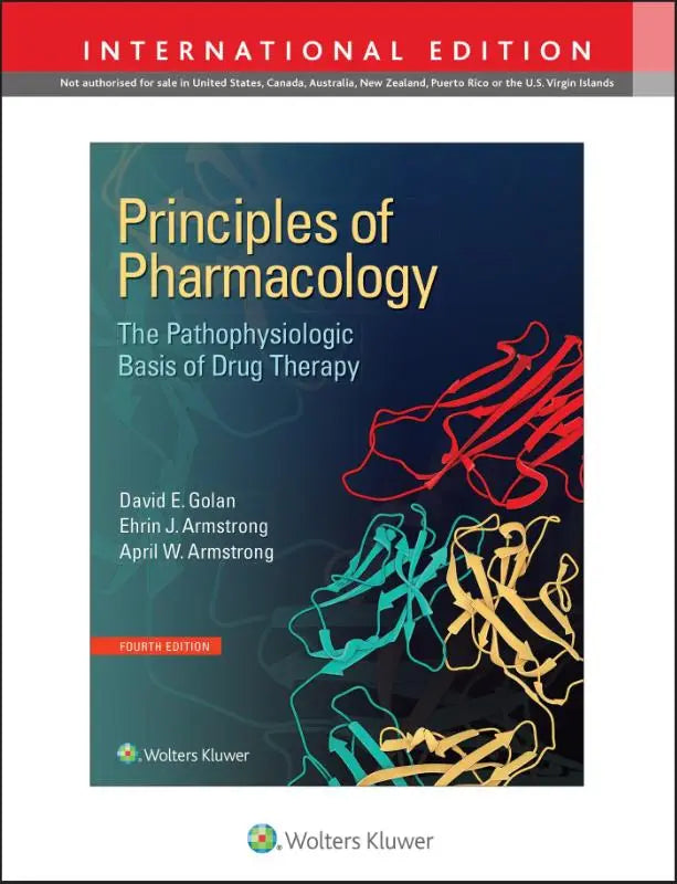 Donkerblauw hardcover leerboek principles of pharmacology met gouden letters en kleurrijke moleculaire illustraties over de pathophysiologic basis