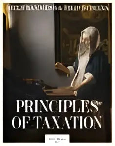 De boekcover van principles of taxation toont een donker, dramatisch beeld van twee figuren in historische kledij door filip debelva en niels bammens voor fiscale economie