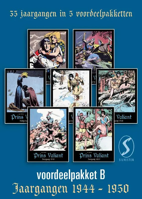 Blauwe cover van prins valiant pakket deel 08-14 met zes dynamische actiepanelen uit de valiant pakket collectie