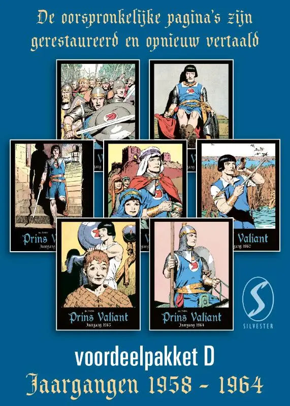 Blauwe boekencover van prins valiant pakket met zes illustraties uit valiant pakket editie 1958-1964 deel 22-28