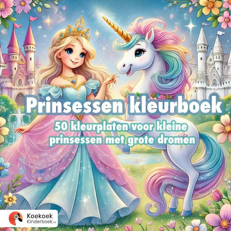 Een prinses in een blauwe en roze jurk met gouden rand staat naast een regenboogmanen eenhoorn in het prinsessen kleurboek voor kleine prinsessen met grote dromen