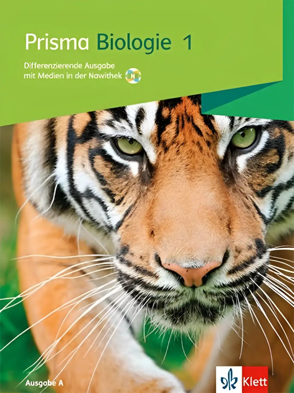 Groen dekking prisma biologie schulbuch klasse 5 6 met close-up oranje zwarte tijger voorzijde differenzierende ausgabe