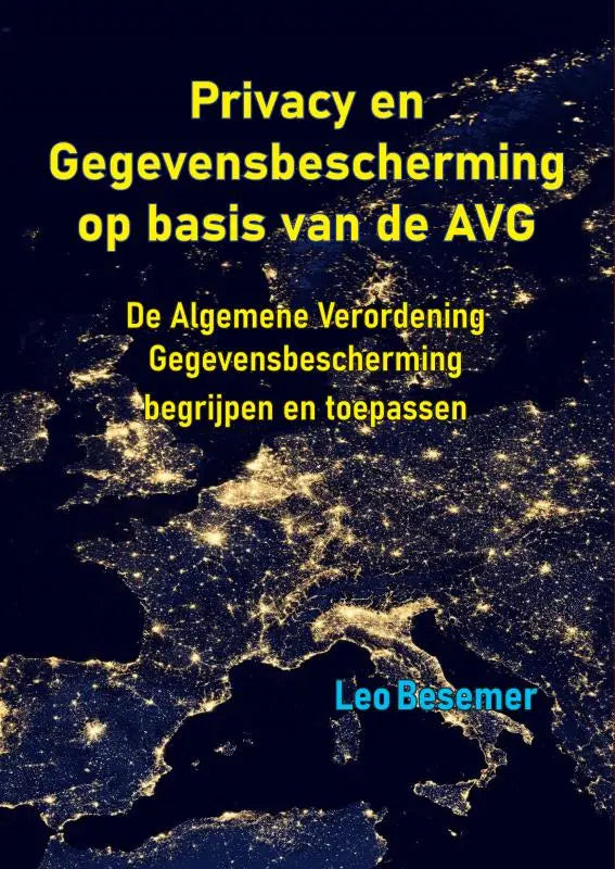 Boekcover met gele tekst over algemene verordening gegevensbescherming op nachtelijke satellietkaart van europa