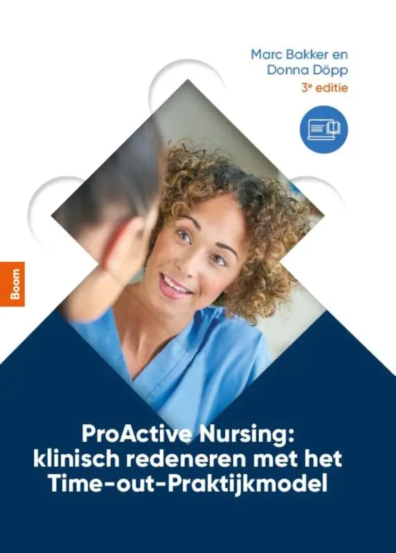 De boekcover van proactive nursing toont een vrouw met krullend bruin haar in blauwe scrubs tegen witte en marineblauwe achtergrond