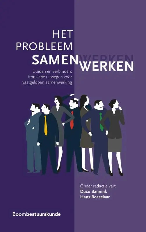 Paars boekcover van het probleem samenwerken met gestileerde illustraties van zakenmensen uitgegeven door koninklijke boom