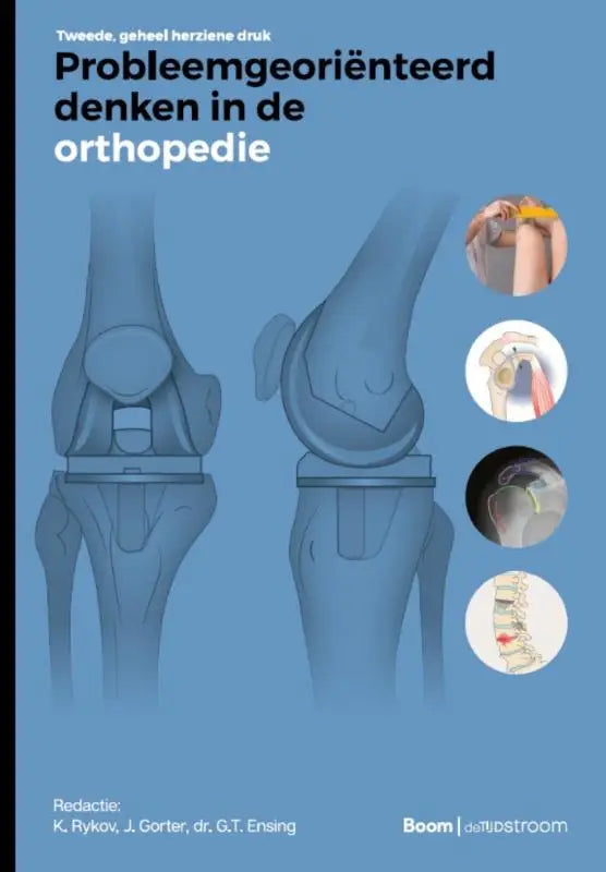 Blauw boek met anatomische illustraties van knie- en schoudergewrichten en een werveldiagram getiteld probleemgeoriënteerd denken in de orthopedie