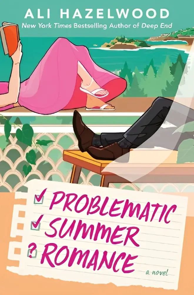 De boekcover van problematic summer romance toont een levendige roze jurk en zwarte laarzen met de titel in magenta letters
