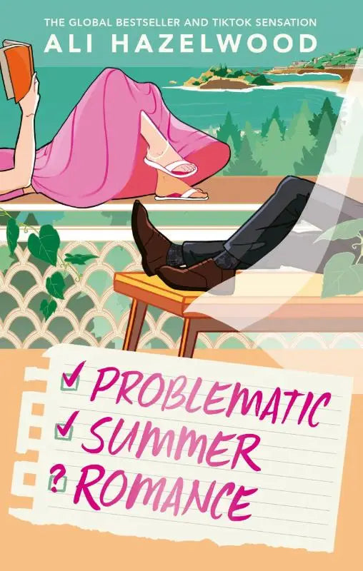 Een roze notitieboek met handgeschreven tekst probleematische zomer romantiek en vinkjes bij elke regel