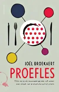 Proefles boekomslag met wit bord met rode stippen en zwarte bestekillustraties met kleurrijke cirkels