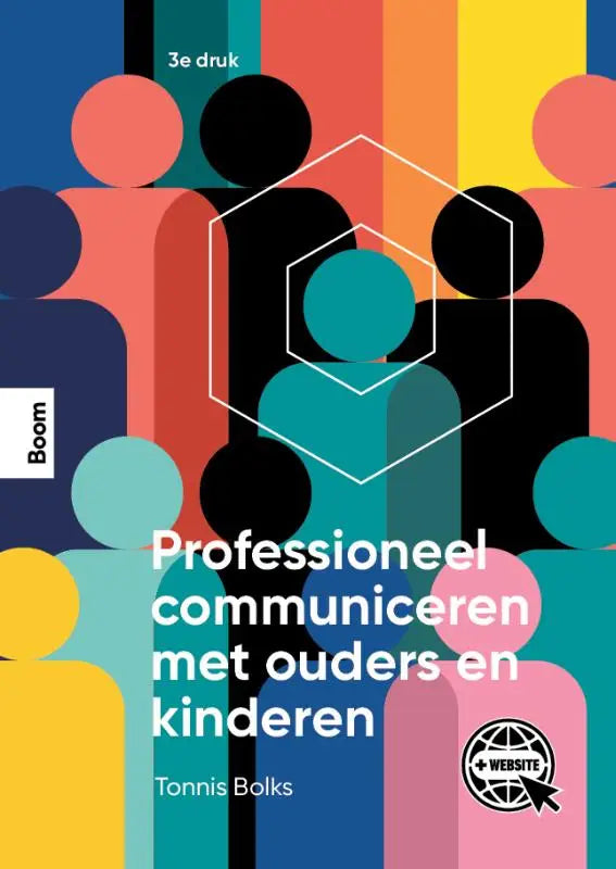 De boekcover van professioneel communiceren met ouders en kinderen toont een abstract ontwerp met kleurrijke menselijke figuren door Tonnis Bolks bij Koninklijke Boom Uitgevers