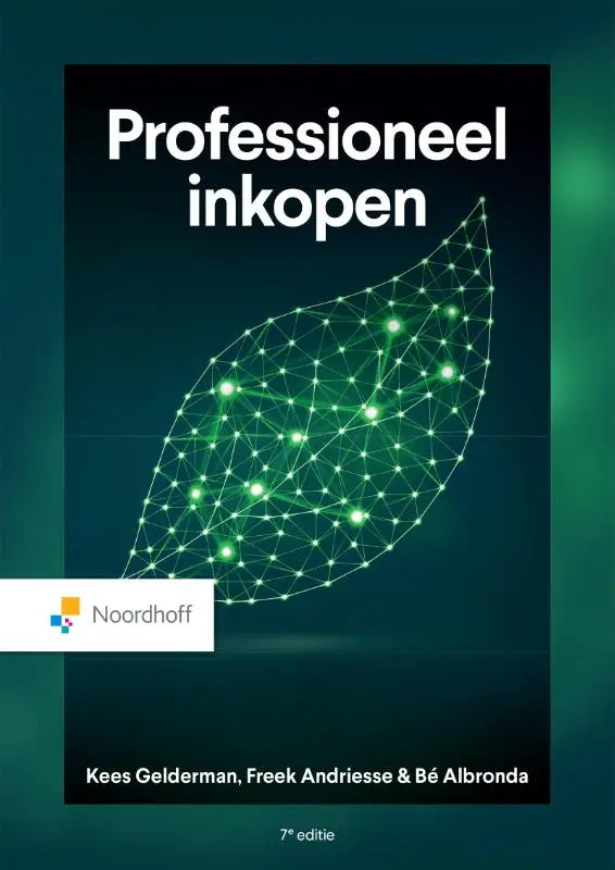 De boekcover van professioneel inkopen 7de editie toont een groene draadmodel blad op een donkere achtergrond