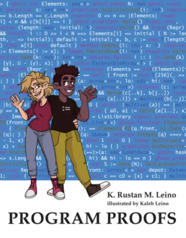The book cover of program proofs by k features two cartoon characters waving with a blue code background
