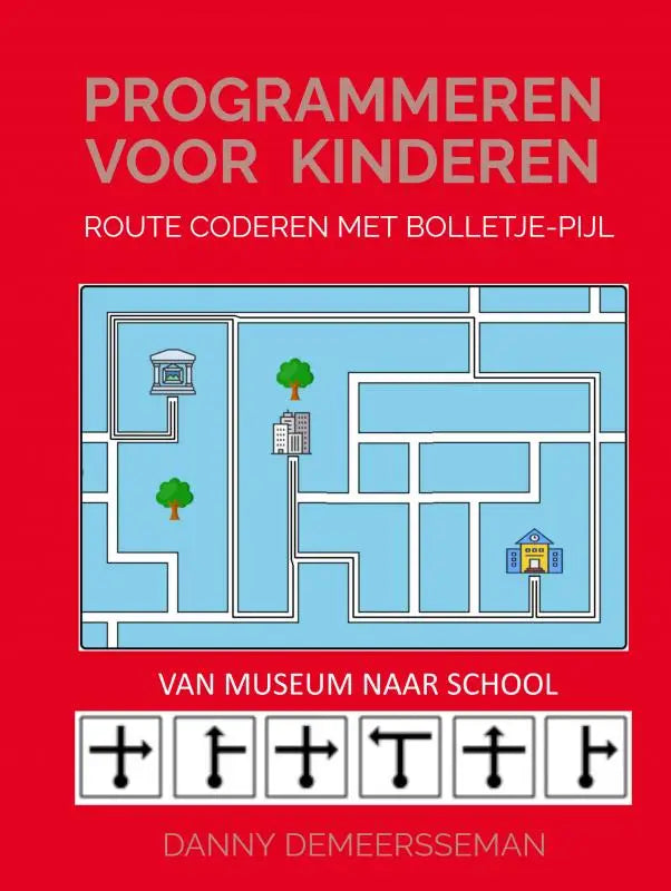 Rood boek met een blauwe doolhof, cartoon gebouwen en pijlen voor route coderen binnen basisschool kinderen