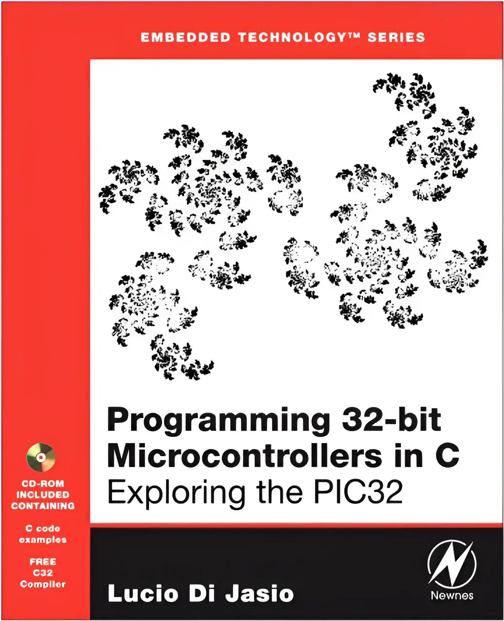 Boek met zwart-wit bloemmotief over programming 32-bit microcontrollers in c gericht op the pic32 door lucio di jasio