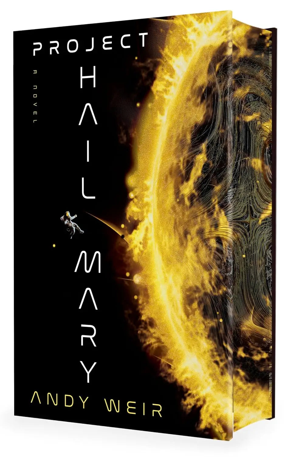 Zwarte hardcover boek project hail mary van andy weir met gouden zonnestraal ontwerp en witte verticale tekst