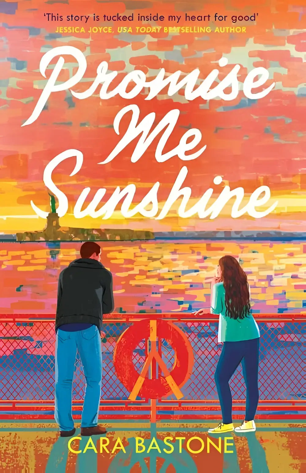 Vibrante geïllustreerde boekcover van promise me sunshine door cara bastone met zonsondergang en brugfiguren, seven year slip relevant