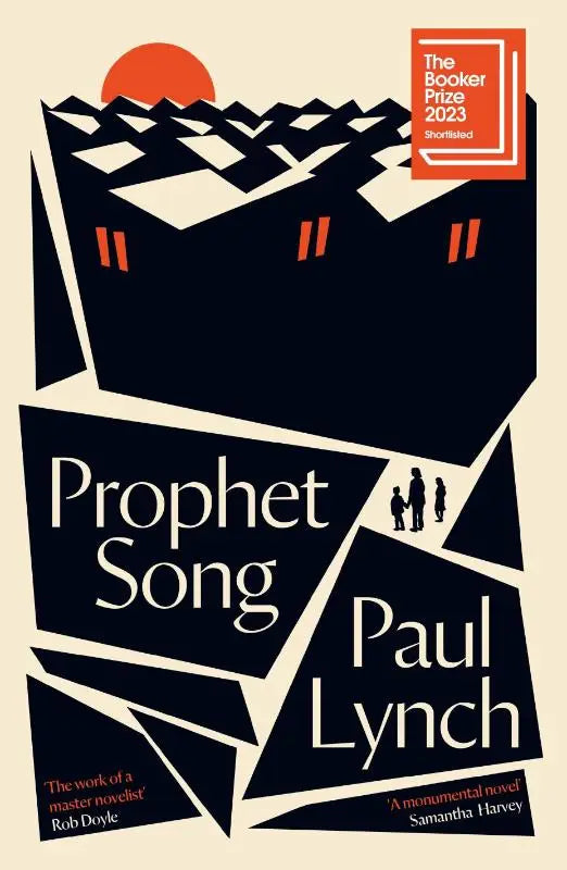 De cover van het boek prophet song van paul lynch met een abstract zwart-crèmekleurig ontwerp en oranje zon, winnaar van de booker prize 2023