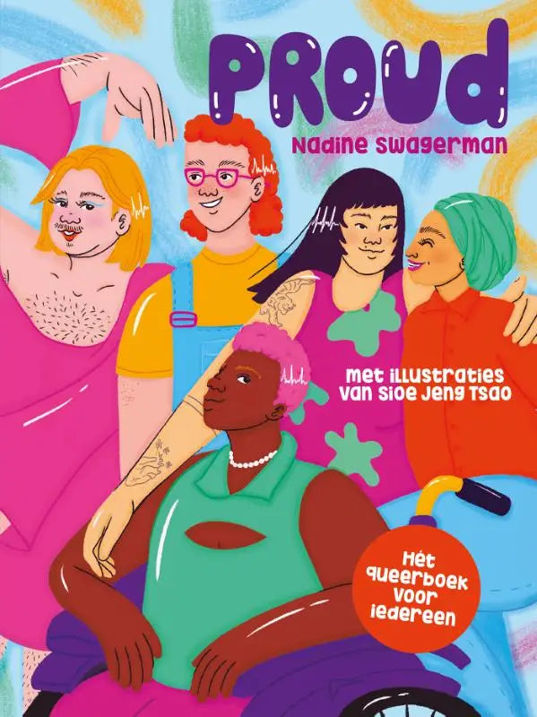 Vibrante geïllustreerde boekcover van proud met diverse jonge lezers in kleurrijke kleding en accessoires