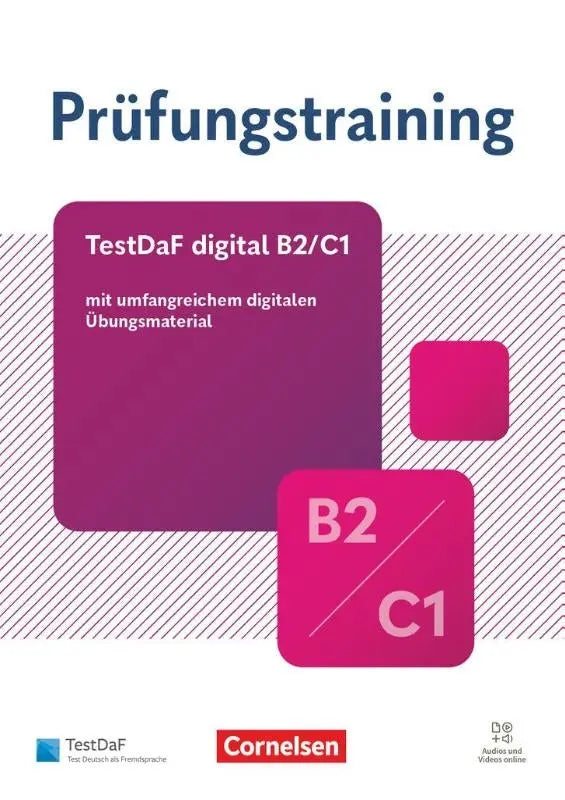 Boekomslag van prüfungstraining daf digitaler testdaf met paars roze geometrisch design voor daf daz-lerenden