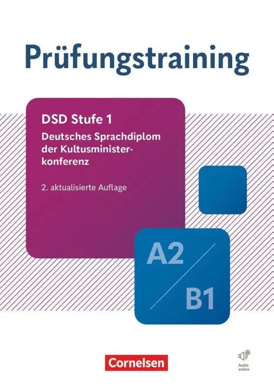 Paarsblauwe omslag van prüfungstraining daf dsd stufe 1 a2 b1 voorbereiding voor duitse taalexamen cornelsen