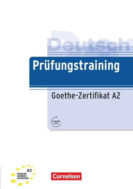 Blauw-wit omslag van cornelsen prüfungstraining daf boek voor goethe-zertifikat a2 met gerichte voorbereiding voor daf daz-lerenden