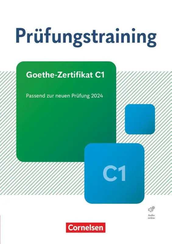 Groene en blauwe geometrische omslag van prüfungstraining daf oefenboek voor goethe-zertifikat c1 examen voorbereiding