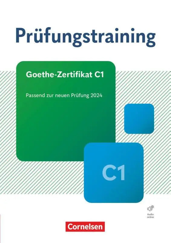Groene en blauwe geometrische design boekomslag voor prüfungstraining daf goethe-zertifikat c1 examenvoorbereiding
