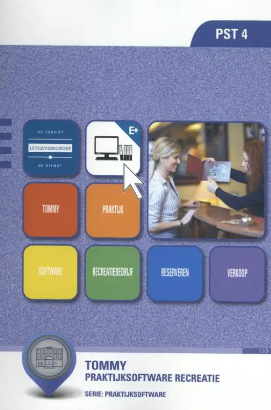 Omslag van het praktijksoftware recreatie boek pst 4 van tommy met paarse textuur en kleurrijke vierkante iconen