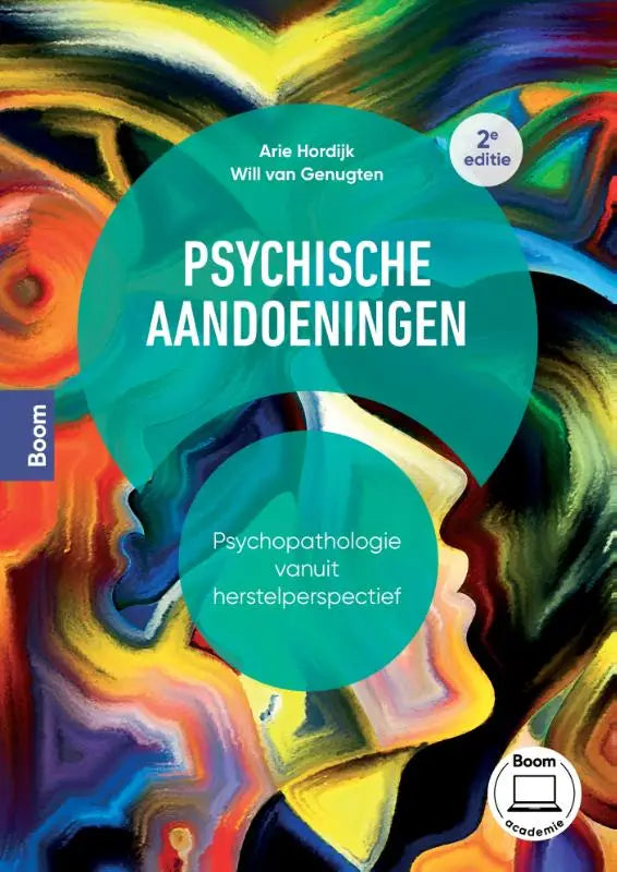 De boekomslag van psychische aandoeningen toont een abstracte illustratie met gele, oranje, blauwe en groene kleuren op een groene cirkel