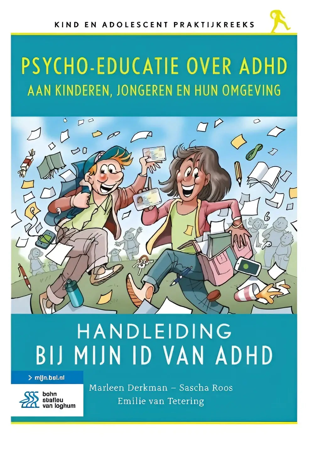 De cover van de psycho-educatieve handleiding bij mijn id van adhd toont twee lachende karakters en spreekt jonge lezers aan