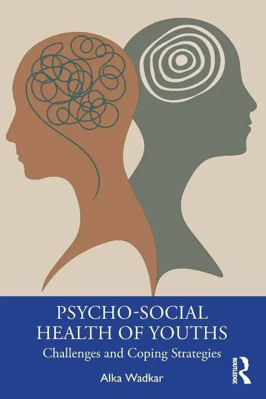 Boekcover psycho-sociale gezondheid van youths met twee silhouetten hoofd en uitdagingen en omgaan thema