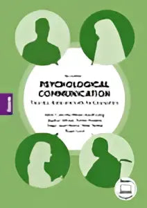 Wit cirkelvormig logo met zwarte tekst psychological communication omringd door groene gestileerde hoofdprofielen voor hoger onderwijs koninklijke boom uitgevers