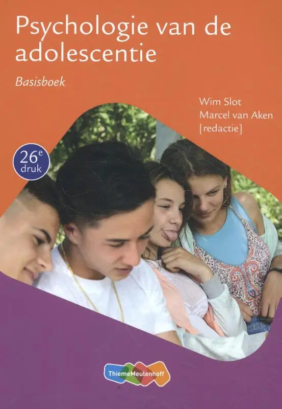 Oranje en paarse psychologietekstboekcover psychologie van de adolescentie met foto van drie jongeren door wim slot