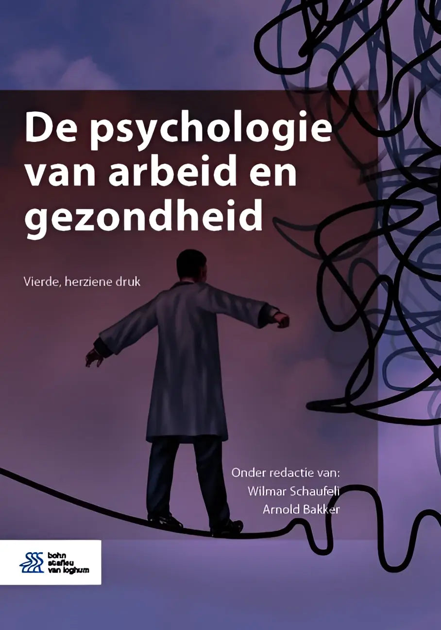De psychologie van arbeid en gezondheid boek met man in grijze jas op strak koord tegen paarse en roze lucht met bsl media psychologie algemeen