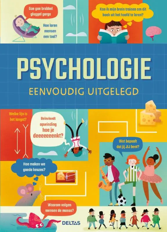 Vibrante illustratie van het nederlandse psychologiebboek psychologie eenvoudig uitgelegd door deltas