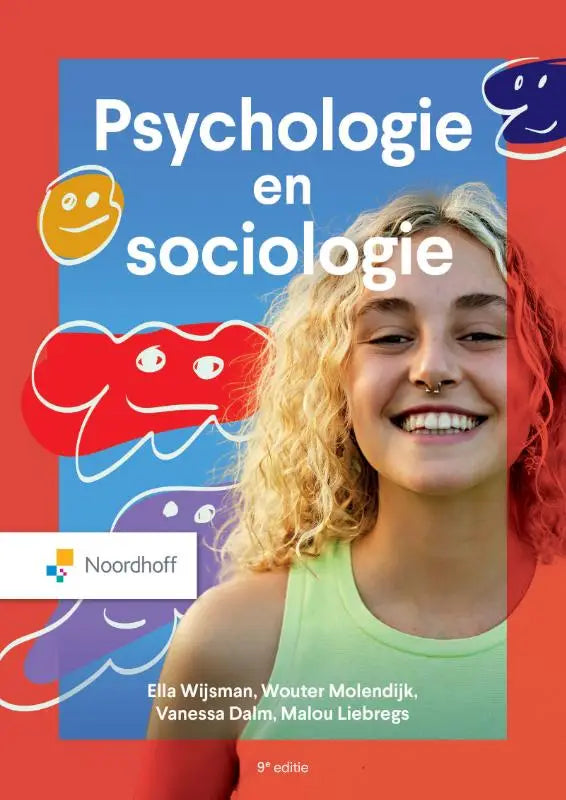Het boek psychologie & sociologie toont ella wijsman met blond krullend haar en een rode achtergrond