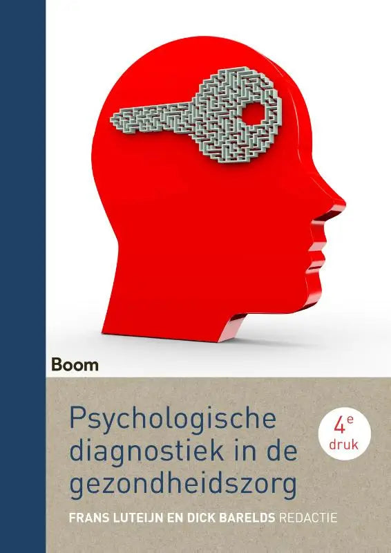 Rood boek psychologische diagnostiek in de gezondheidszorg met gestileerd hoofd en doolhofsleutel in het voorhoofd door dick barelds en frans luteijn