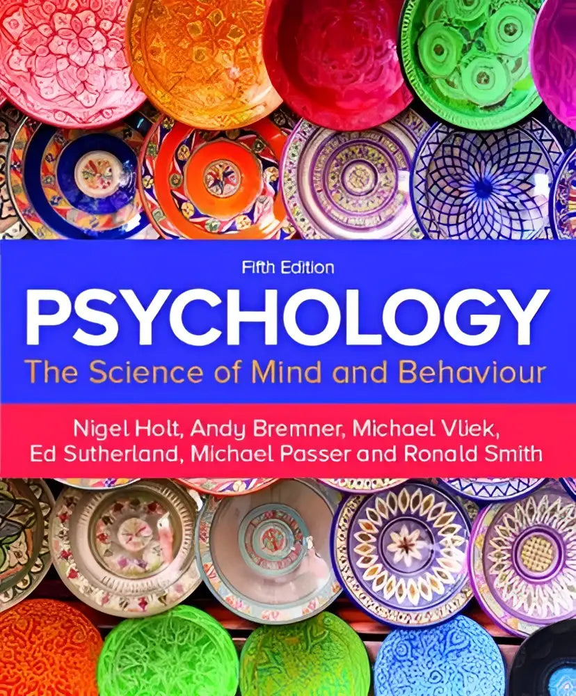 De cover van het vijfde editie psychologie leerboek toont een kleurrijke collage van keramische borden in levendige tinten